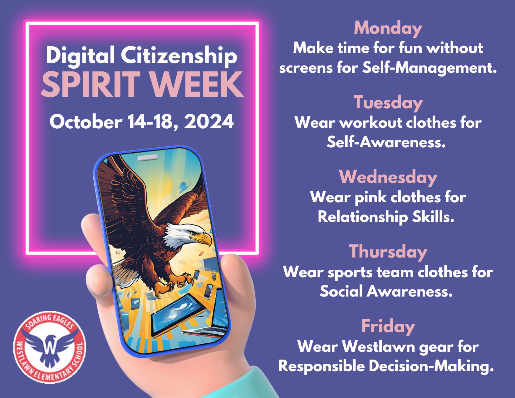 Digital Citizenship Spirit Week Postcard with spirit theme for each day listed