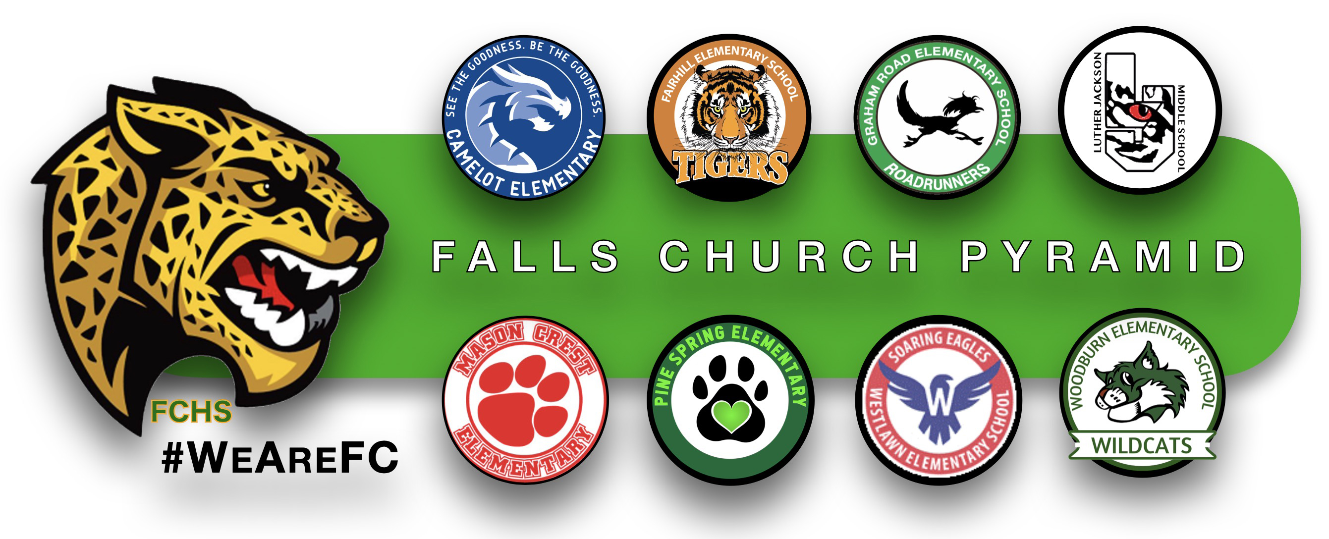 All of the logos of the Falls Church pyramid schools.