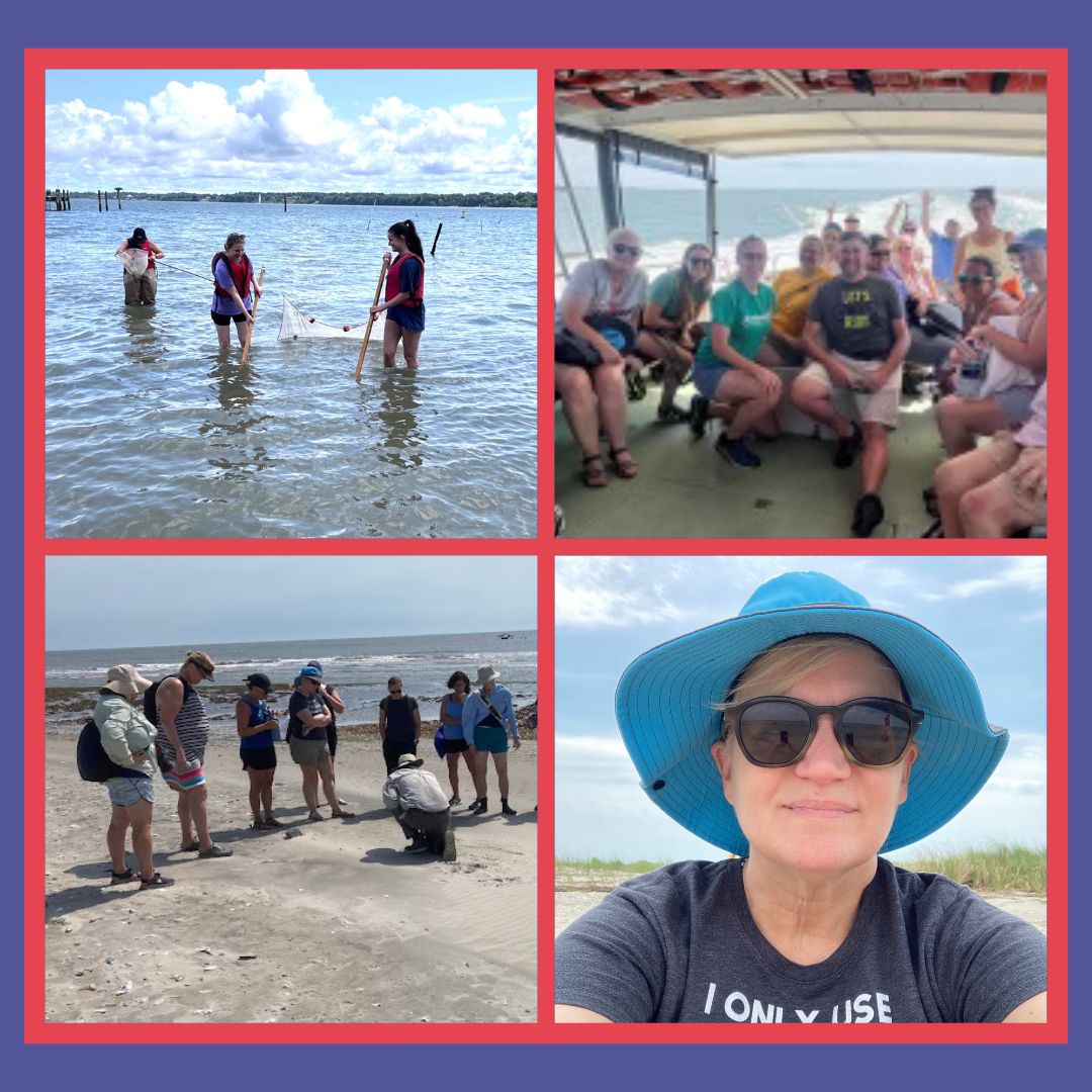 collage of photos from Mrs. Maxwell's experiences: Mrs. Maxwell, people on a boat, people on a beach, and people in the water