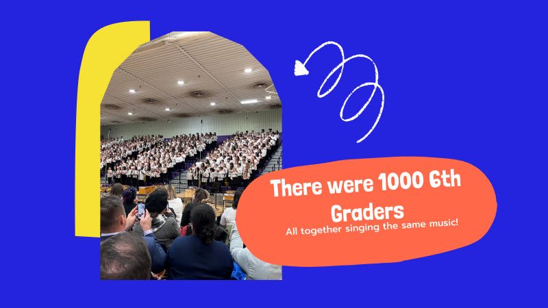A photo taken from the audience shows a large set of bleachers full of students wearing white shirts and black pants. A text box says, “There were one thousand sixth graders all together singing the same music!”