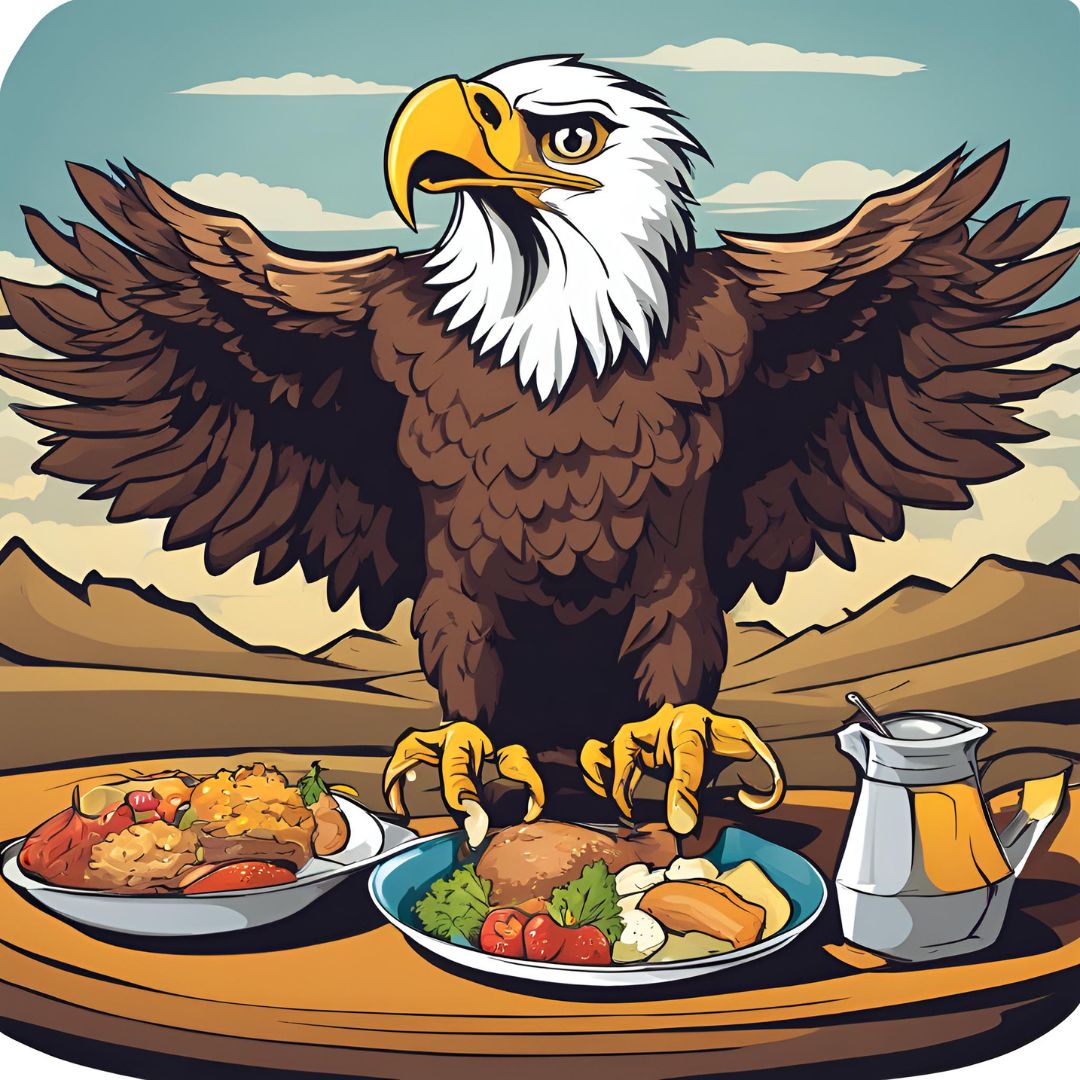 cartoon eagle standing over a spread of food