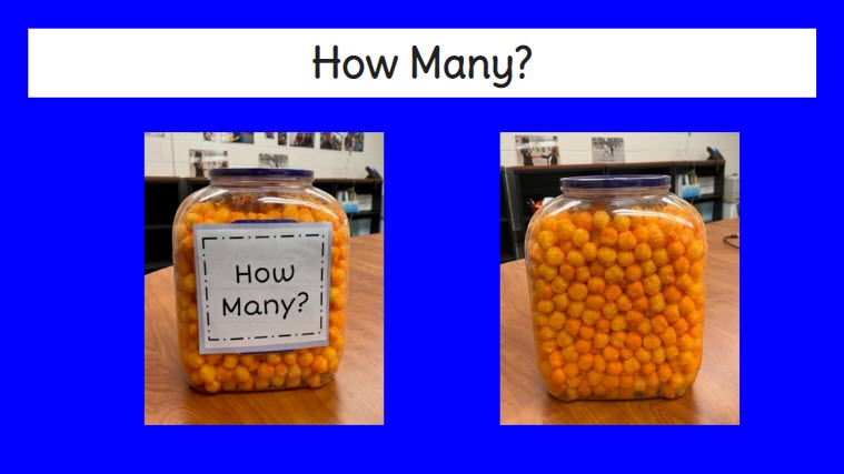 Slide has a blue background with two photos of the container of cheeseballs. In one photo, the container has a sign that says “How many?” taped to the side.