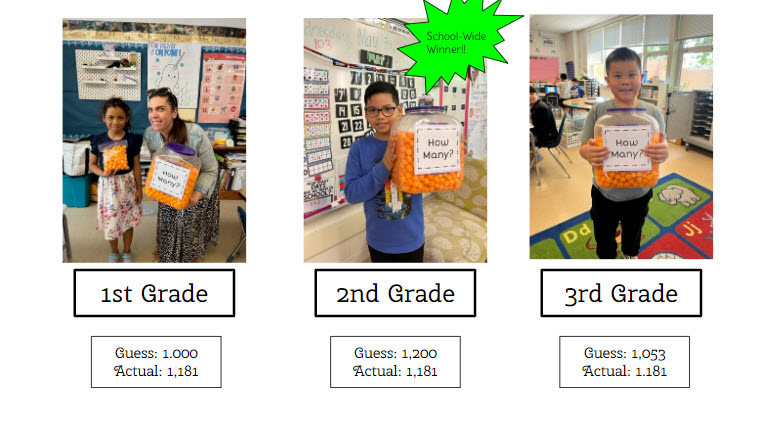 Photos of the student winners holding the cheeseballs container in grades 1, 2, and 3.