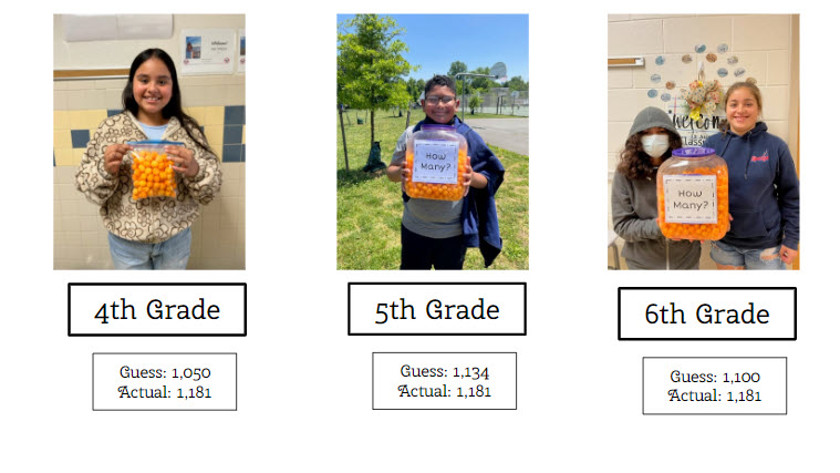 Photos of the student winners holding the cheeseballs container in grades 4, 5, and 6.