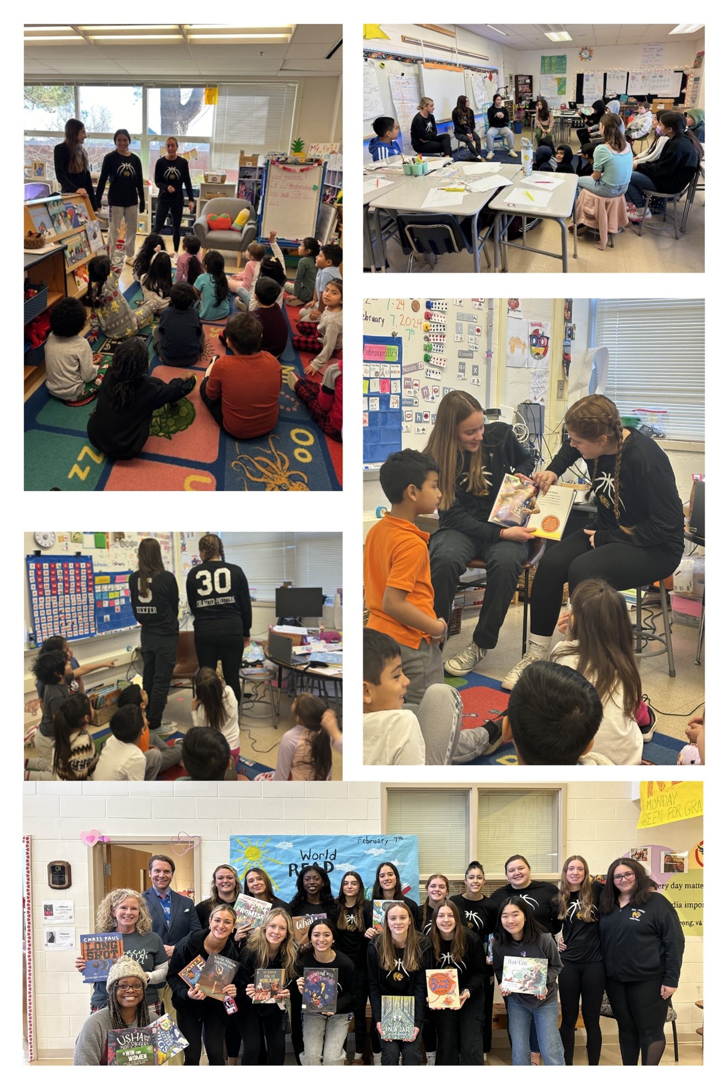 Photo collage of girls basketball team in classrooms