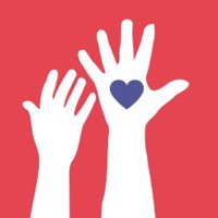 Hands raised on a red background, with one hand holding a blue heart