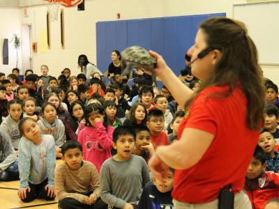 Another view of handler showing students the turtle