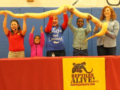 Handler, Librarian, Kinder teacher and two students lift python over their heads